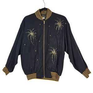 Vital Elements New York Vintage Black Gold Firework Beaded Bomber Jacket Small
